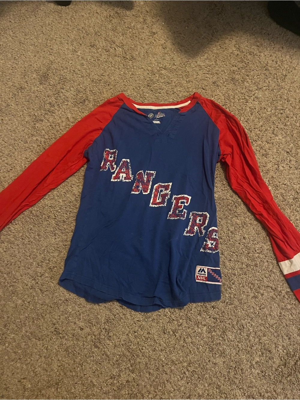 Women’s “Majestic Fan Fashion” Blue & Red Long-Sleeve NHL Rangers Tee/Top